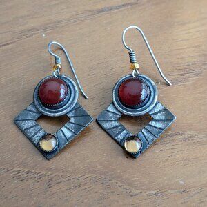 Vintage Artisan Silver Mixed Metal Geometric Earrings - Carnelian